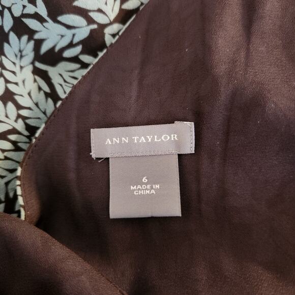 ANN TAYLOR Teal Brown Leaf Print Sleeveless Empire Waist Mini Dress Size 6 - Picture 6 of 12